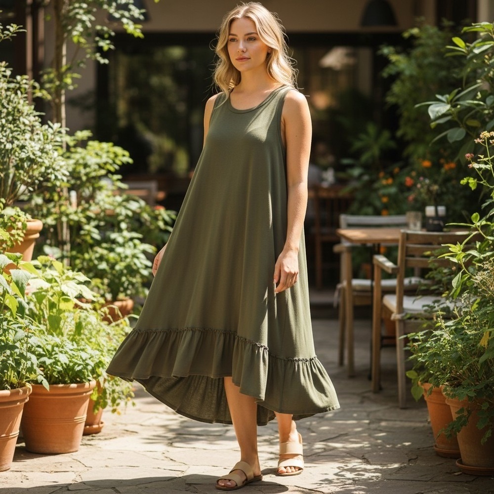 Zim & Zoe Dress Womens 22/24 Olive Green Cotton Ruffle High Low Trapeze Midi